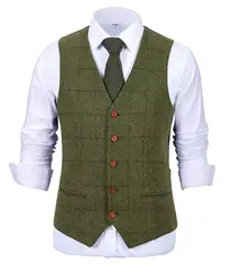 Men's Army Green Vest Plaid Soft Wool Brown Jacket Casual Gentleman Tweed Business Waistcoat For Groosmen Best Man For Wedding