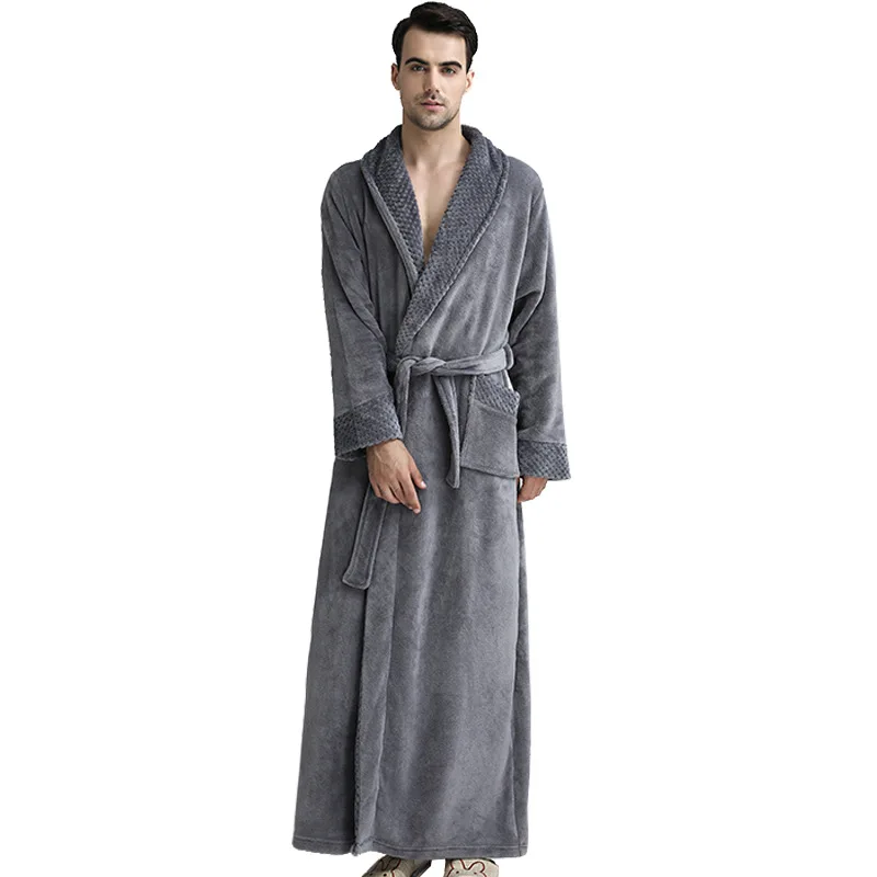 

Gray robe Thick Flannel Men Kimono Bath Robes Nachthemd Winter Thermal Long Bathrobe Dressing Gown Warm Sleepwear