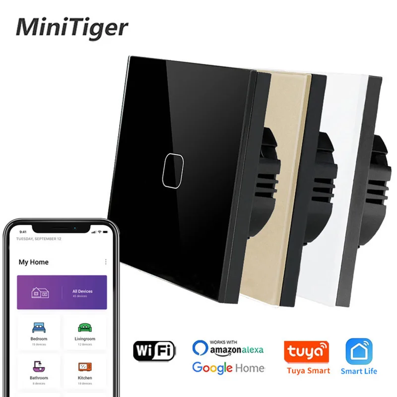 Minitiger EU/UK Standard Tuya Smart Life Glass Panel Light Touch Switch Voice Control Light Wireless Touch Wall Switch