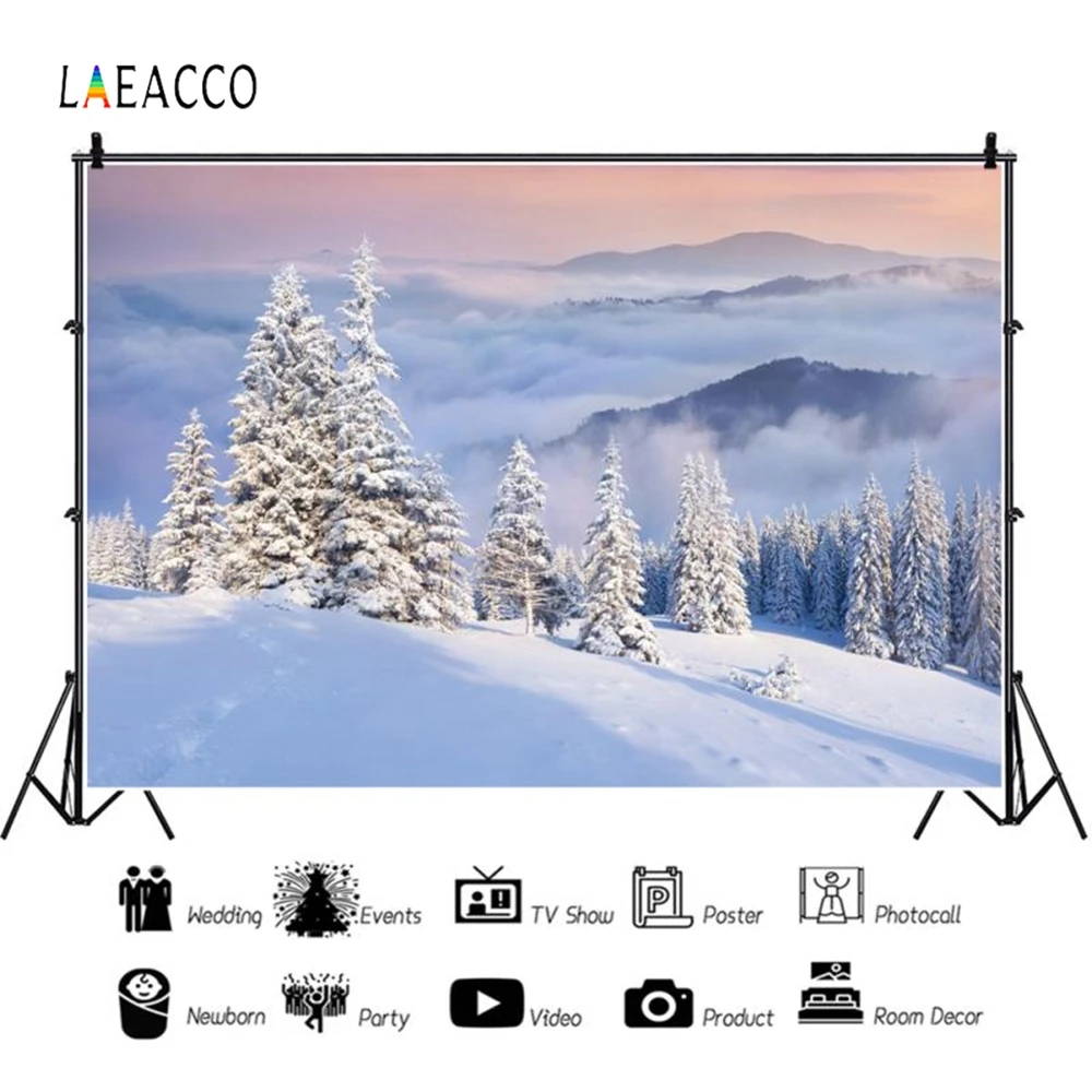 Fondos de fotografía de paisaje de invierno, Montañas nubladas, árboles de pino, nieve blanca, retrato de bebé, estudio fotográfico