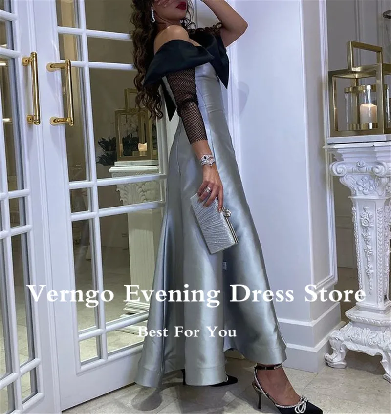 Verngo Saudi Arabric Frauen Formale Abendkleider Silber Satin Schwarz Neck Mermaid Bodenlangen Prom Kleid Nach Maß 2022