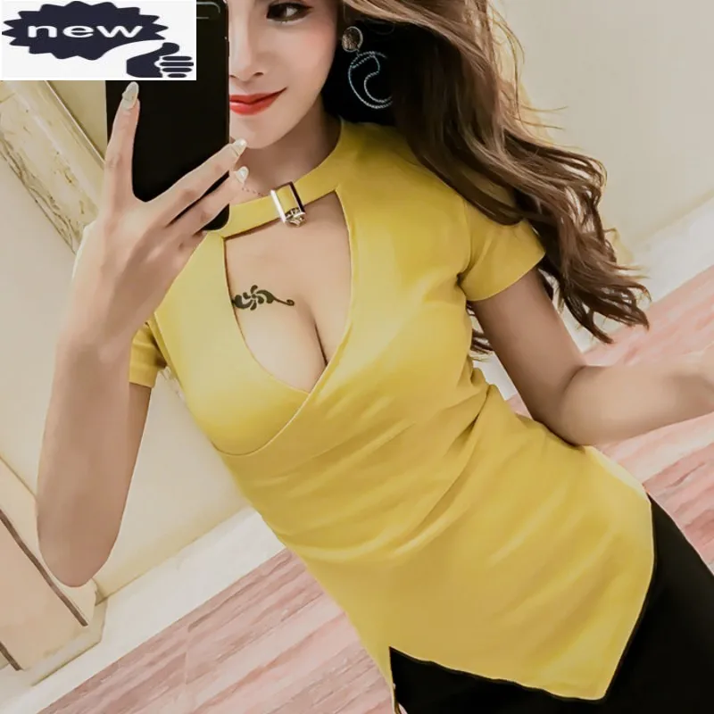 

New Sexy Women Summer V Neck Low Cut T-shirt Slim Fit Hot Hollow Out Night Club Tops Short Sleeve Harajuku Tees Shirts Free Size