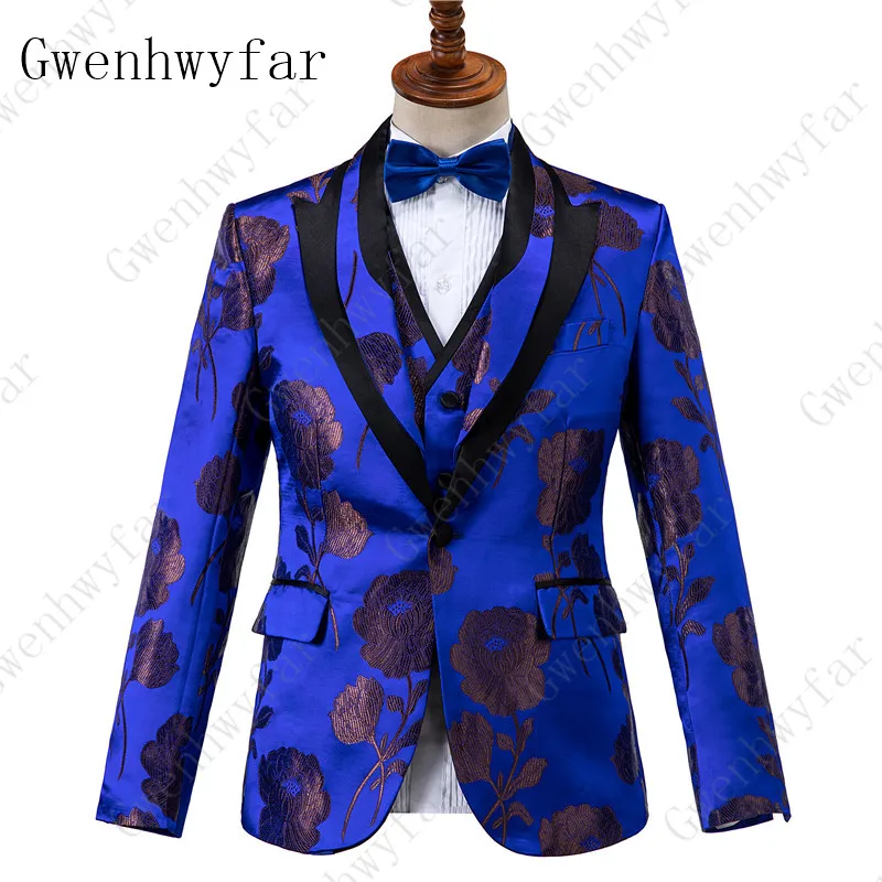 (Blazer+Pants+Vest) 2023 Fashion Men's Suit 3 Pcs Shine Patterns Blue Casual Men Stage Clothing Vintage Male Suits Wedding Groom