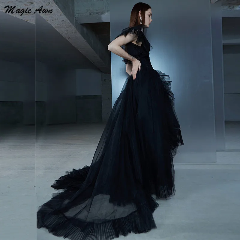 Magic Awn abiti Da Sposa Vintage in Tulle nero scollo a v maniche a cappuccio Illusion Boho abiti Da festa di nozze Abito Da Sposa personalizzato