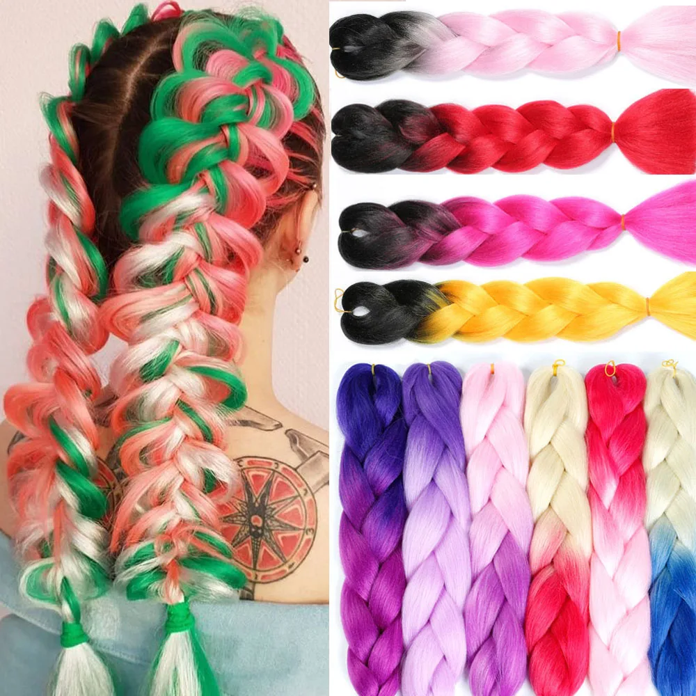 

24 inch Jumbo Braids Hair Ombre Crochet Braid Synthetic Braiding Hair Extensions for Women Pink Red Grey 100g