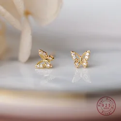 925 Sterling Silver Korean Exquisite Quality Inlaid Crystal Butterfly Stud Earrings Women Classic Daily Jewelry