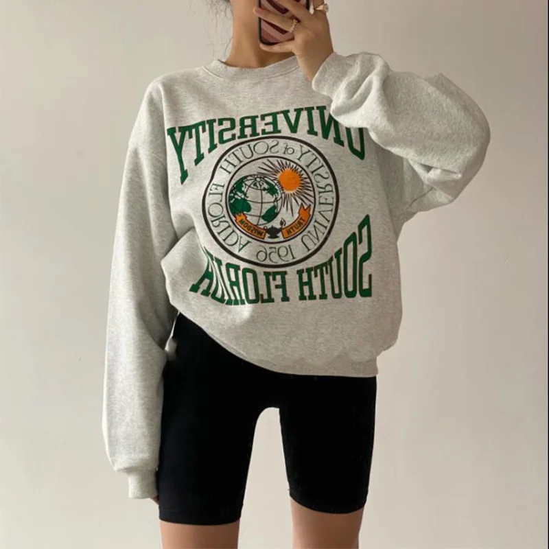 American Vintage University of South Florida Print Female Thick Pullover Long Sleeve Thick 2021 Autumn Winter Grey Sweatshirts