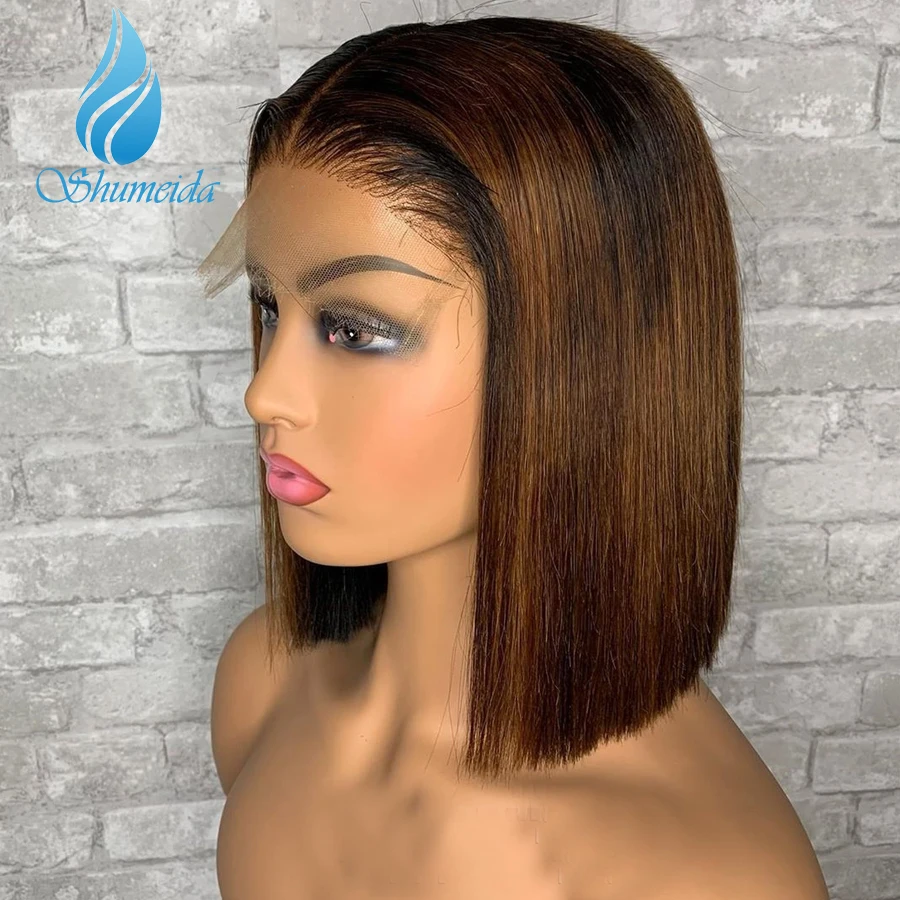 Shumeida Ombre Brown Color 13x4 Lace Front Wigs Peruvian Remy Human Hair Short BoB Wig Baby Hair For Black Women 150% Density