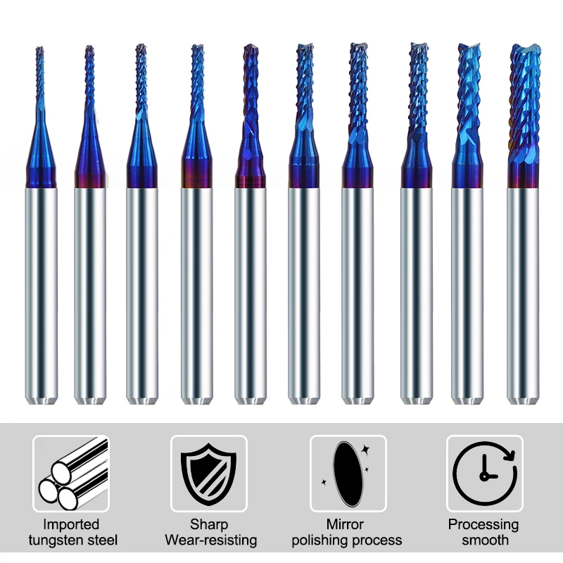 XCAN Carbide End Milling Cutter 10pcs 3.175 Shank Blue Coated CNC Router Bits Engraving Edge Cutter End mill 0.8-3.0mm