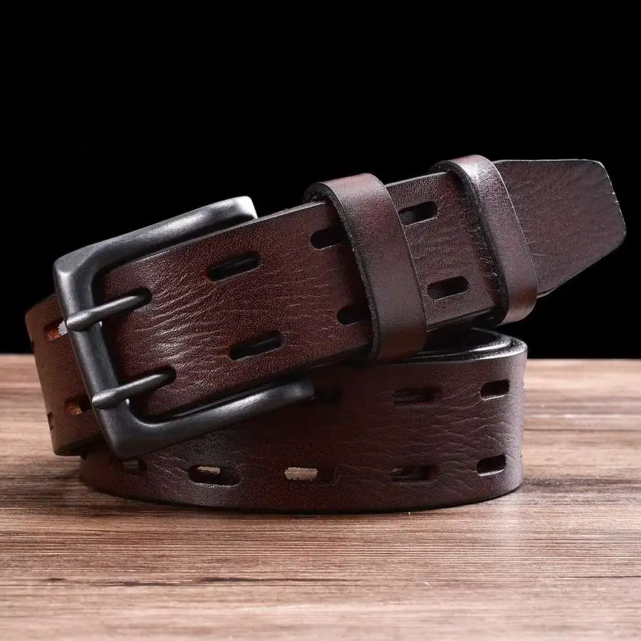 Top Genuine Leather Double Pin Buckle Belt Classic Hollowed Out Strap Jeans 100% Cowhide Men Waistband Width:3.8cm