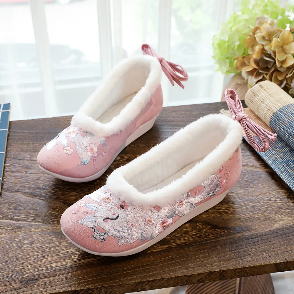 Veowalk Women Cotton Embroidered Soft Platform Flats Comfortable Autumn Winter Faux Fur Lining Ankle Strap Sneakers Shoes
