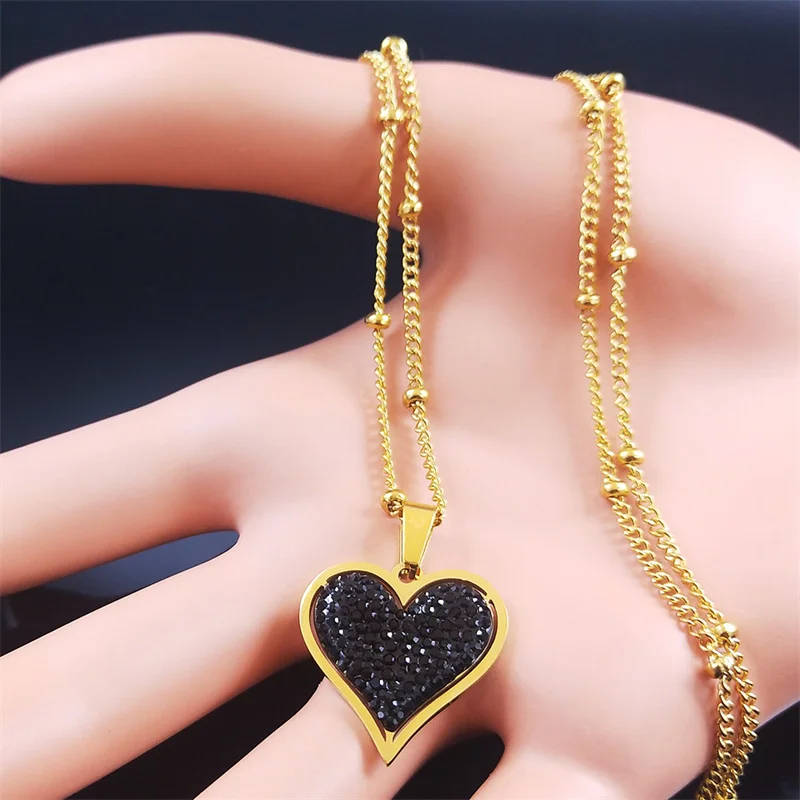 2023 Stainless Steel Black Crystal Heart Necklaces Charm Women Gold Color Small Pendants Necklaces Jewelry bijoux N8261S01