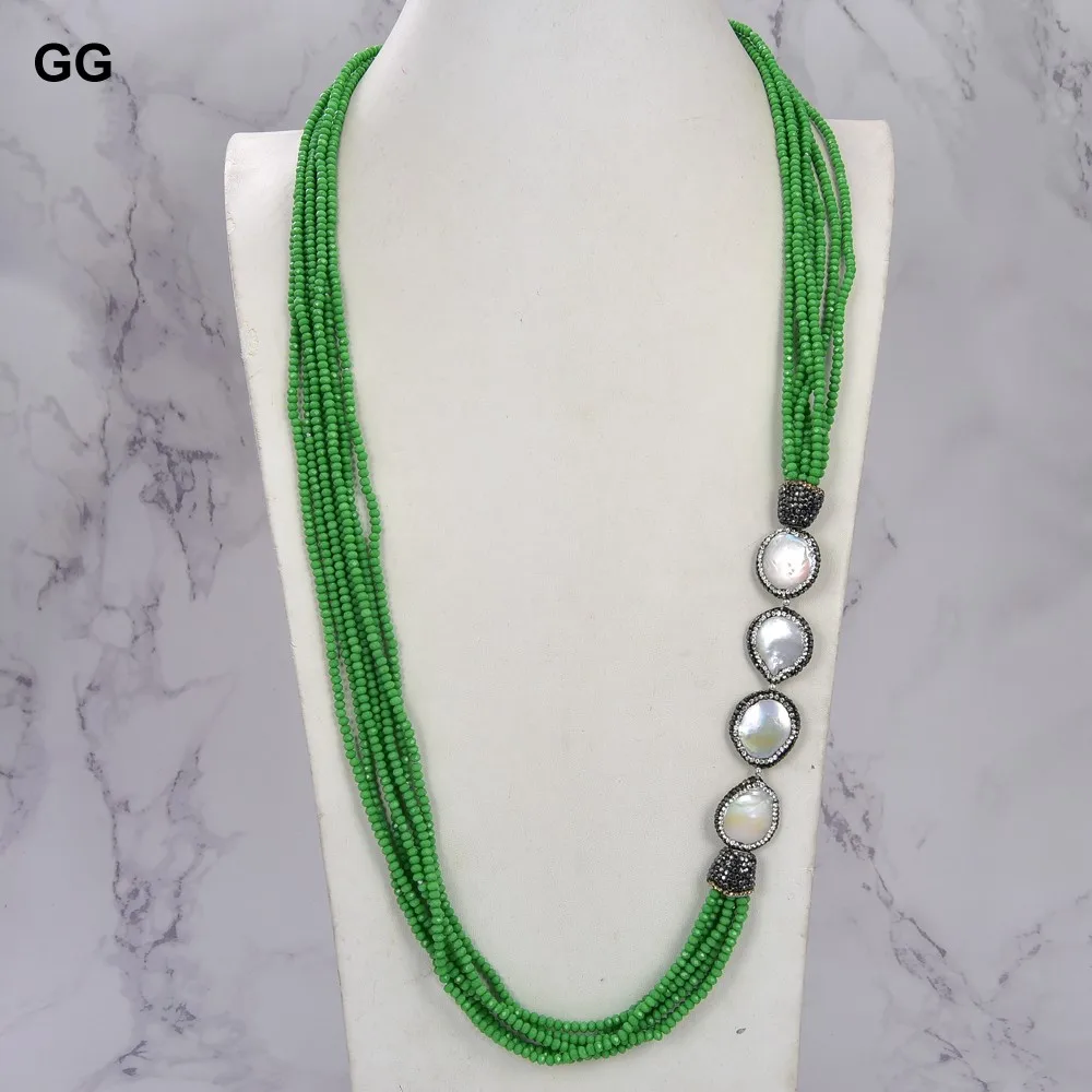 

GuaiGuai Jewelry 37" 7 Rows Light Green Crystal White Coin Pearl Necklace