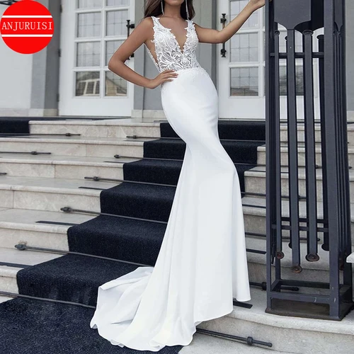 Vestidos de novia de sirena con cuello en V para mujer, traje de novia blanco largo, sin mangas, encaje, Espalda descubierta, satén, barato, Vintage, tren de barrido, 2022