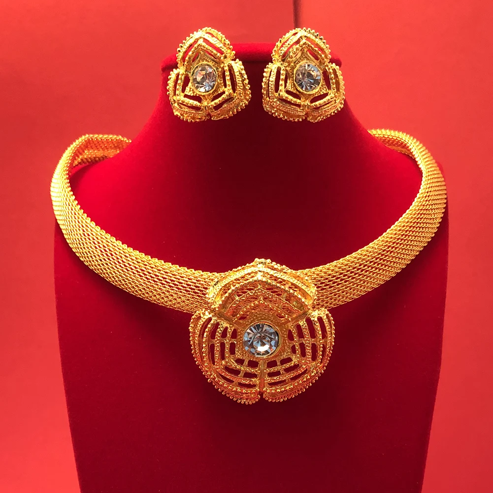 

24K Dubai Gold Color Jewelry Sets For Women African India Party Wedding Necklace Pendant Earrings Jewellery Set Engagement Gifts