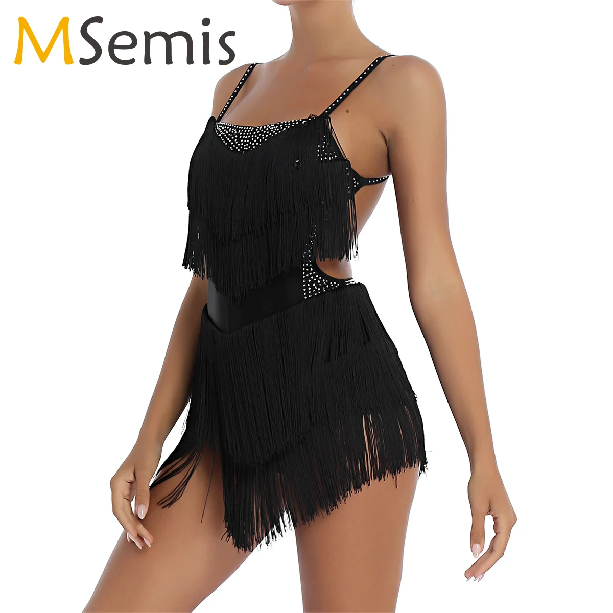 

Women Latin Dance Practice Clothes Rhinestone Tassel Leotard Dress Female Adult Backless Fringed Performance Competition Clothin