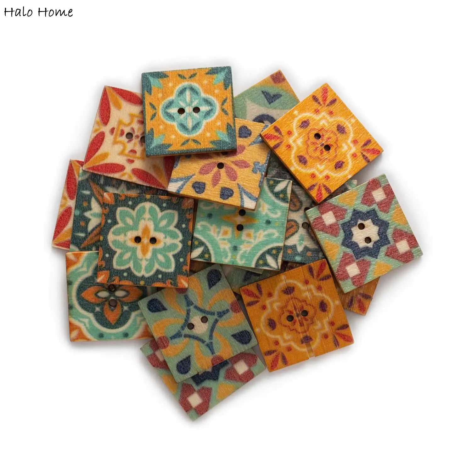 30pcs Square Retro Painting Series Wood Buttons Handwork Sewing Scrapbook Clothing Crafts Accessories Gift Card 20-25mm