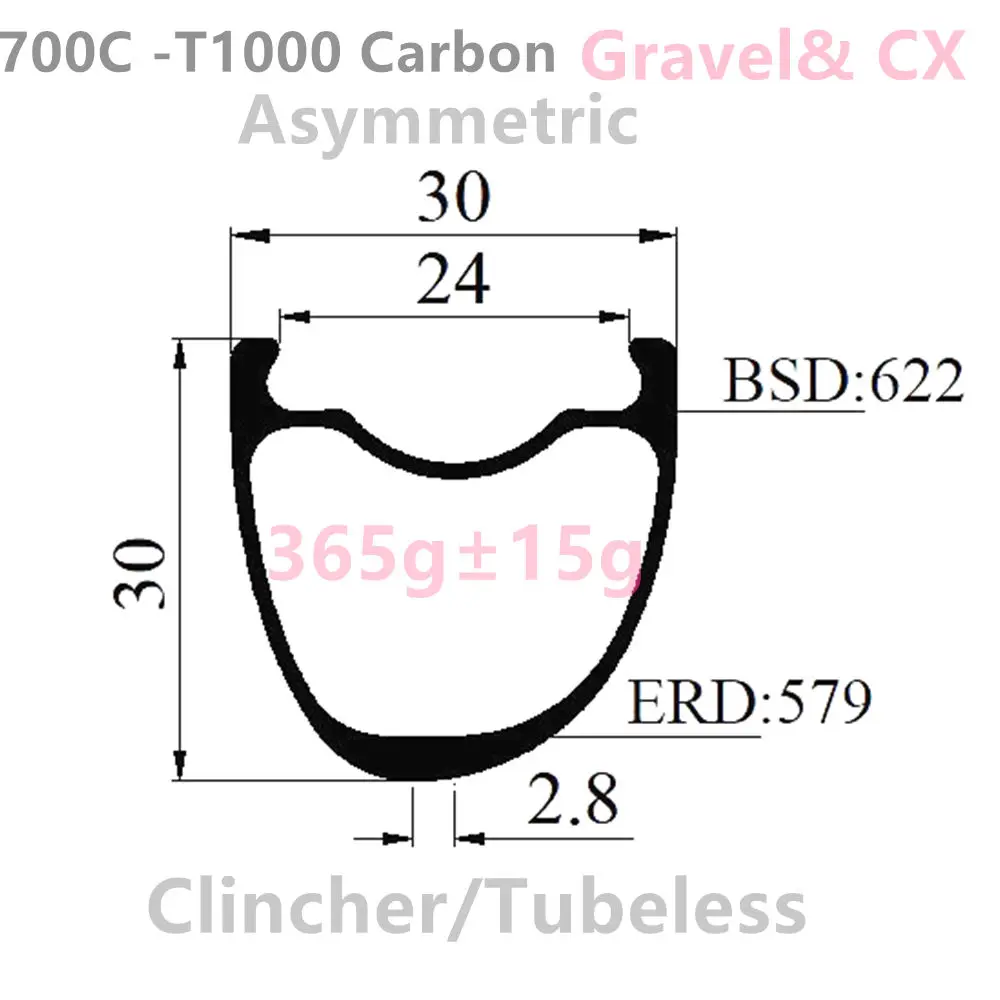 

T1000 Ultralight 365g Asymmetric 30x30mm intrenal 24mm 700C Carbon Gravel CX Road Rims Clincher Tubeless compatible carbon wheel