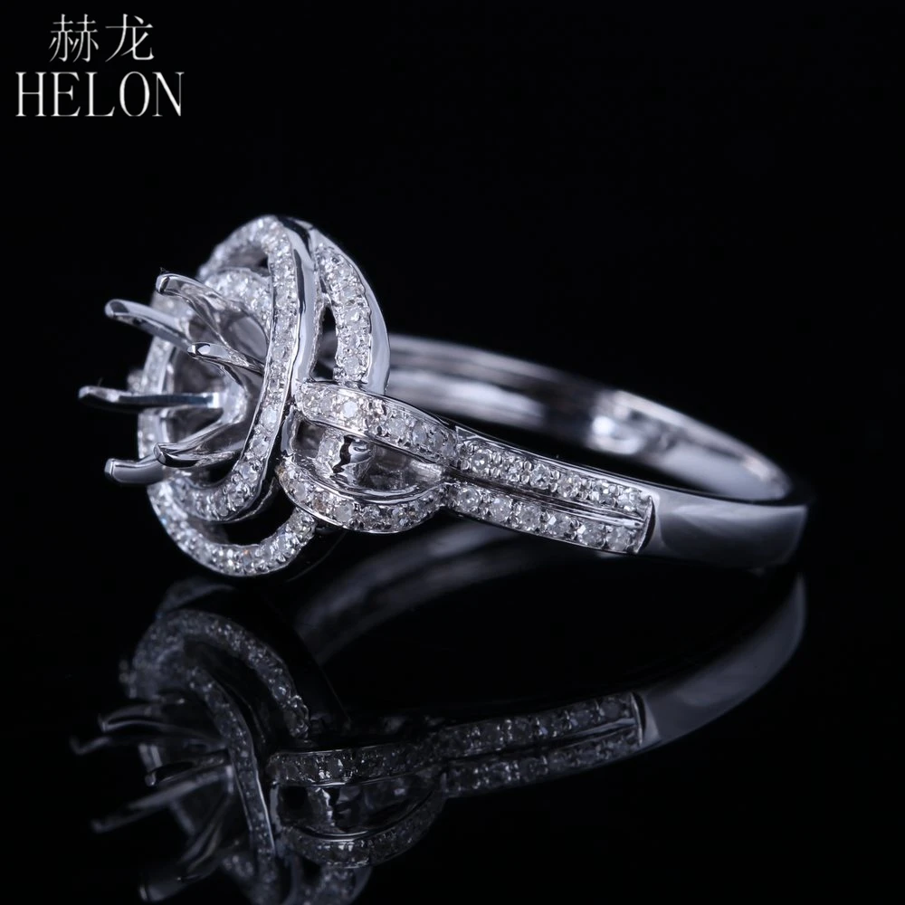 HELON Round Cut 5.75-6.75mm Solid 14k White Gold Pave Natural Diamonds Fine Jewelry Semi Mount Engagement Wedding Ring Setting