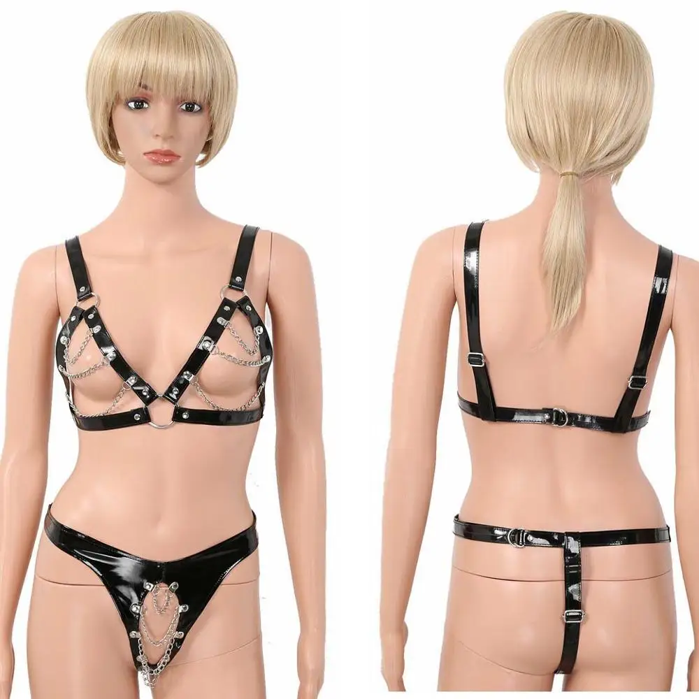 Женское Эротическое нижнее белье из лакированной кожи с открытыми бретелями и металлическими цепочками