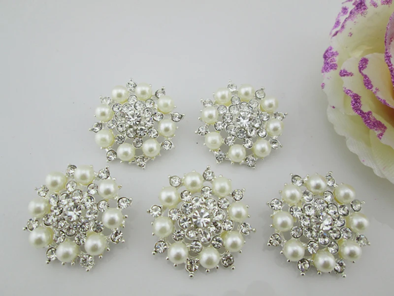 (BT283 35mm)5pcs Metal Rhinestone Button Shiny Ivory Pearl Beads Decorative Buttons Craft Supplies