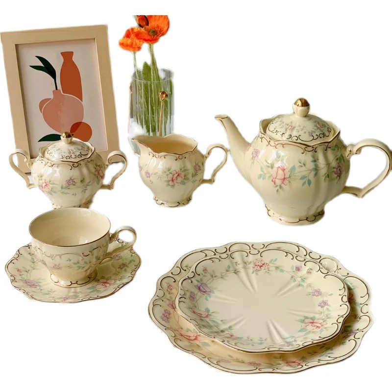 European Afternoon Tea Elegant Retro Flower Coffee Set Pot Sucrier Milk Pot Cup and Saucer Set Plate