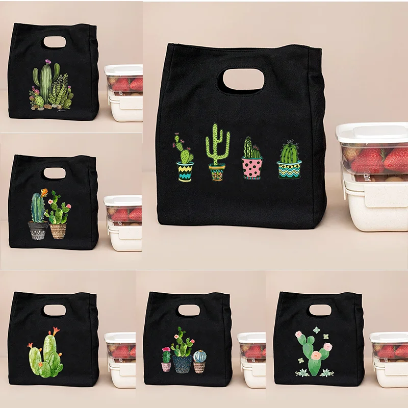 

Tropical Plant Cactus Print Fresh Cooler Bags Canvas Portable Thermal Lunch Bags for Women Convenient Bento Box Totes Food Pouch