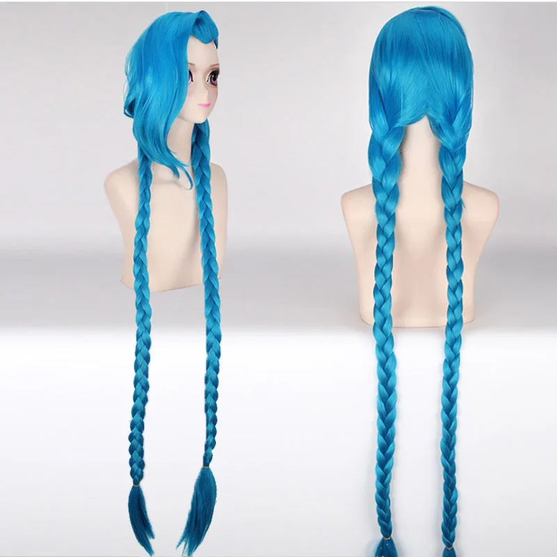 Game LOL Jinx Cosplay Wig+Cap Crit Loli Jinx Blue Braids The Loose Cannon 120cm Long Wigs With Blue Plaits Jinx Synthetic Hair