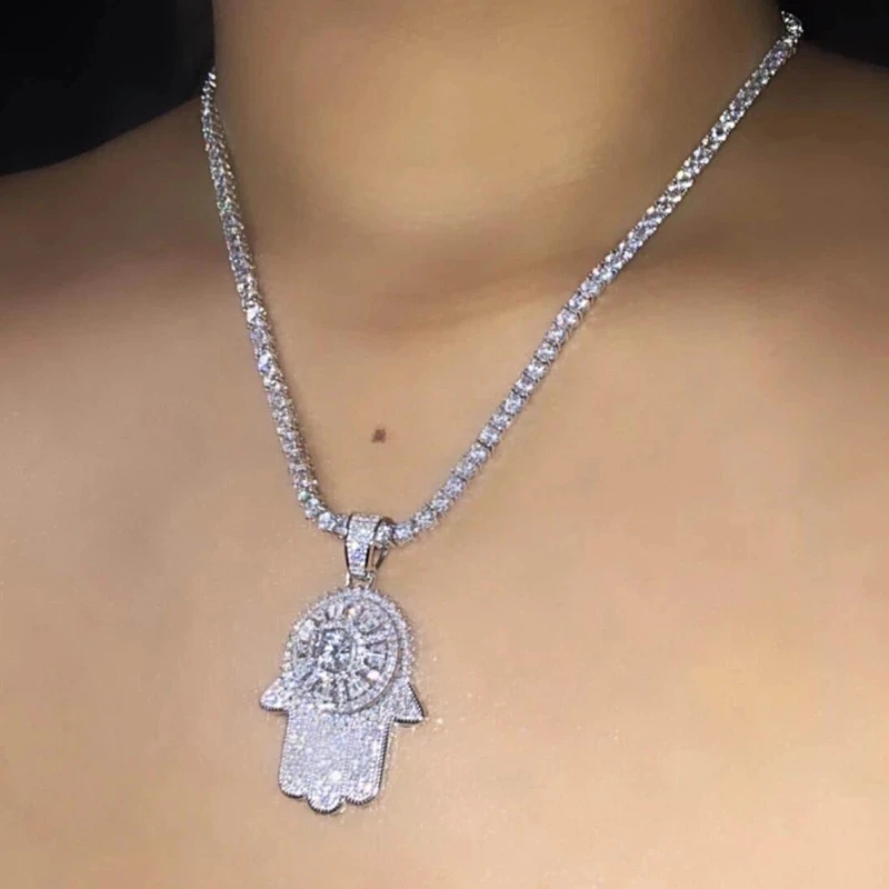 Hip Hop Eyes Of The Angel Of Fatima Pendant Necklace 3mm Tennis Chain Full Iced Out Cubic Zirconia Sliver Color CZ Stone Choker