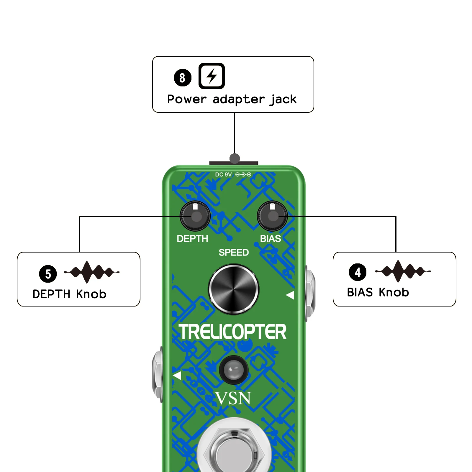 VSN Guitar Tremolo Effect Pedal Classic Trelicopter Effects Pedals for Electric Guitar Effector PedalBoard  True Bypass Green