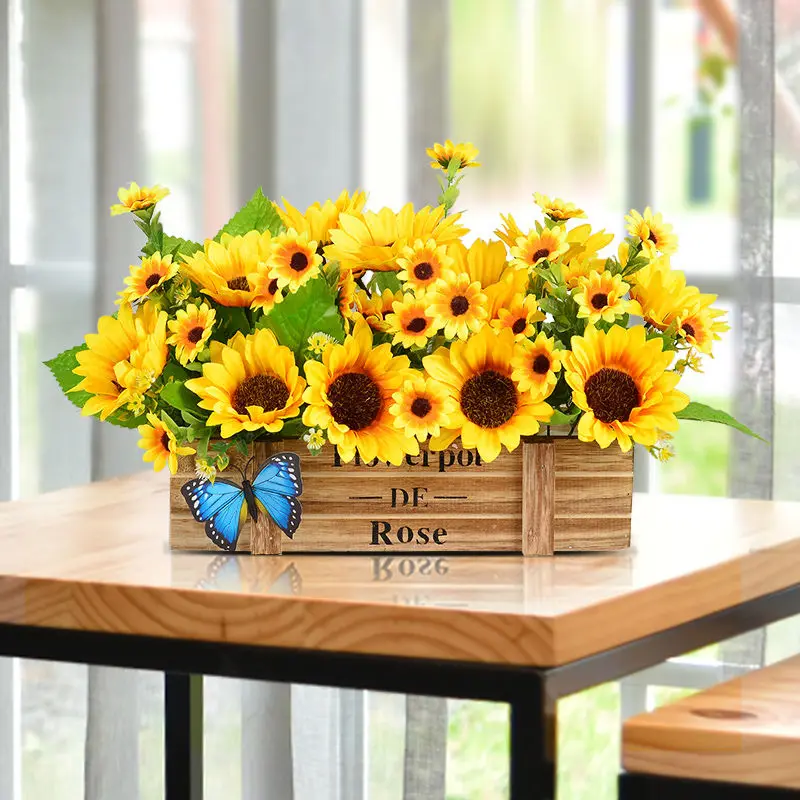 

Wooden Fence Imitation Silk Flower Sunflower Bouquet Set Home Decoration Desktop Windowsill Rose Daisy Various Potted Plant