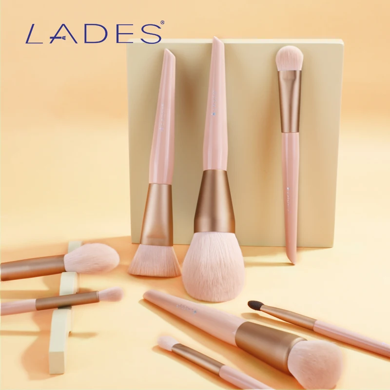 Lades-pincéis de maquiagem profissional femininos, 13 peças, para base, pó, maquiagem, blush, sombra, com bolsa rosa