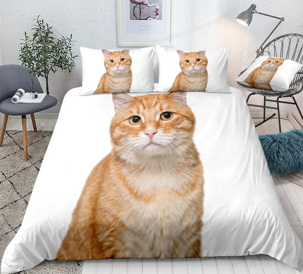 3pcs Cat Bedding Kids Boys Girls 3D Cute Cat Home Textiles White Quilt Cover Animal Bed Set Yellow Cat Teens Queen Dropship