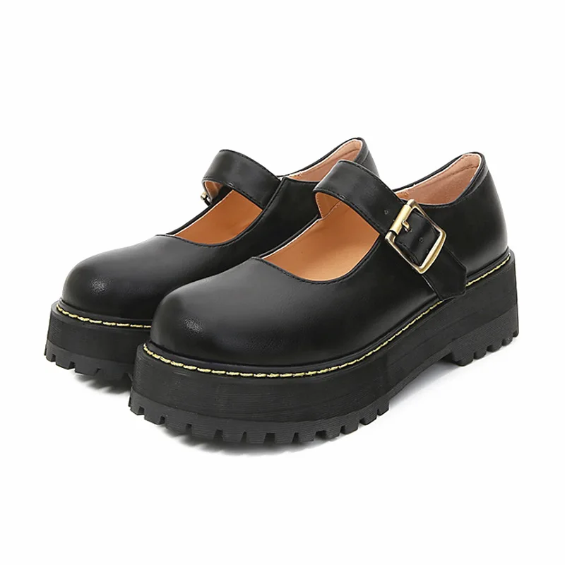 

College Style Mary Janes Single Shoes Thick Soled Flat Platform Shoe Female Round Toe Shallow Retro Buckle Japanese Boat Shoes