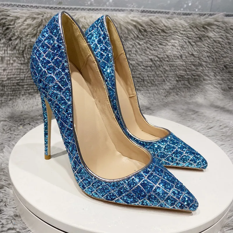 12cm women's very high heel shoes, Sexy shoes with bright blue sequins, pointed toe, Stiletto, elegant,