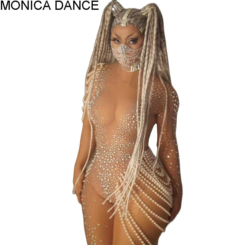 

Sexy Stage Single Sleeve Pearls Jumpsuit Transparent Mesh Elastic Bodysuit Leotard Nightclub Bar DJ Singer Dancer Party Costume