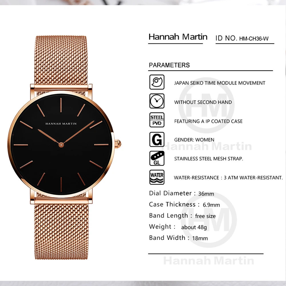 Hannah Martin Top Brand Luxury Watches Women Stainless Steel Mesh Belt Watch Japan Quartz Movement Clock Ladies Wrist Watch