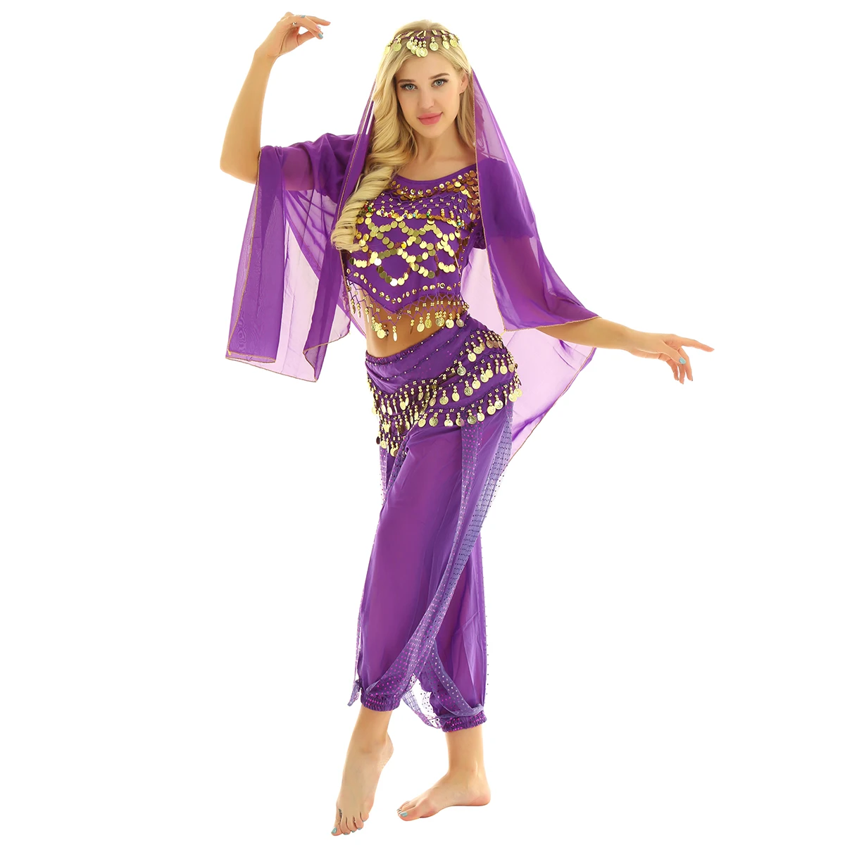 Women Belly Dancing Performance Costume Short Sleeve Sequin Crop Top with Harem Pants Hip Scarf Headscar for Indian Dance Show