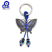 Lucky Eye Alloy Butterfly Pendant Keychain Blue Turkish Evil Eye Bead Tassel Alloy Car key Chain for Women Men Jewelry BE268