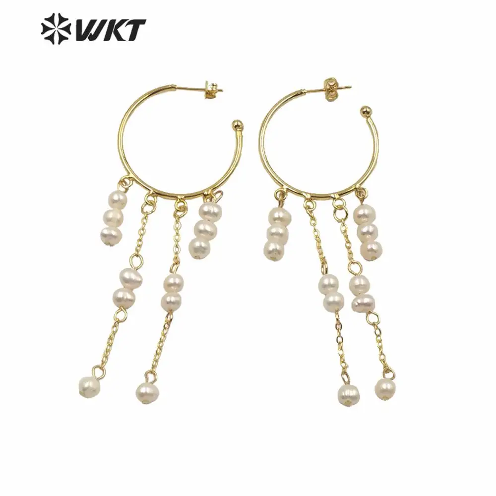 WT-MPE034 Italy Designer NEW Come Elegant Dangling Pearl Earrings Popular Round Hoop Push Back Long Women Decoration