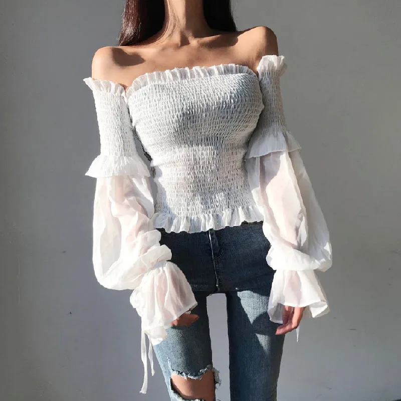 Sexy Off Shoulder Summer Blouse Women Spring Puff Sleeve Pleated Lace Up Casual Shirt Slim Solid Ladies Corset Tops Blouse 12813