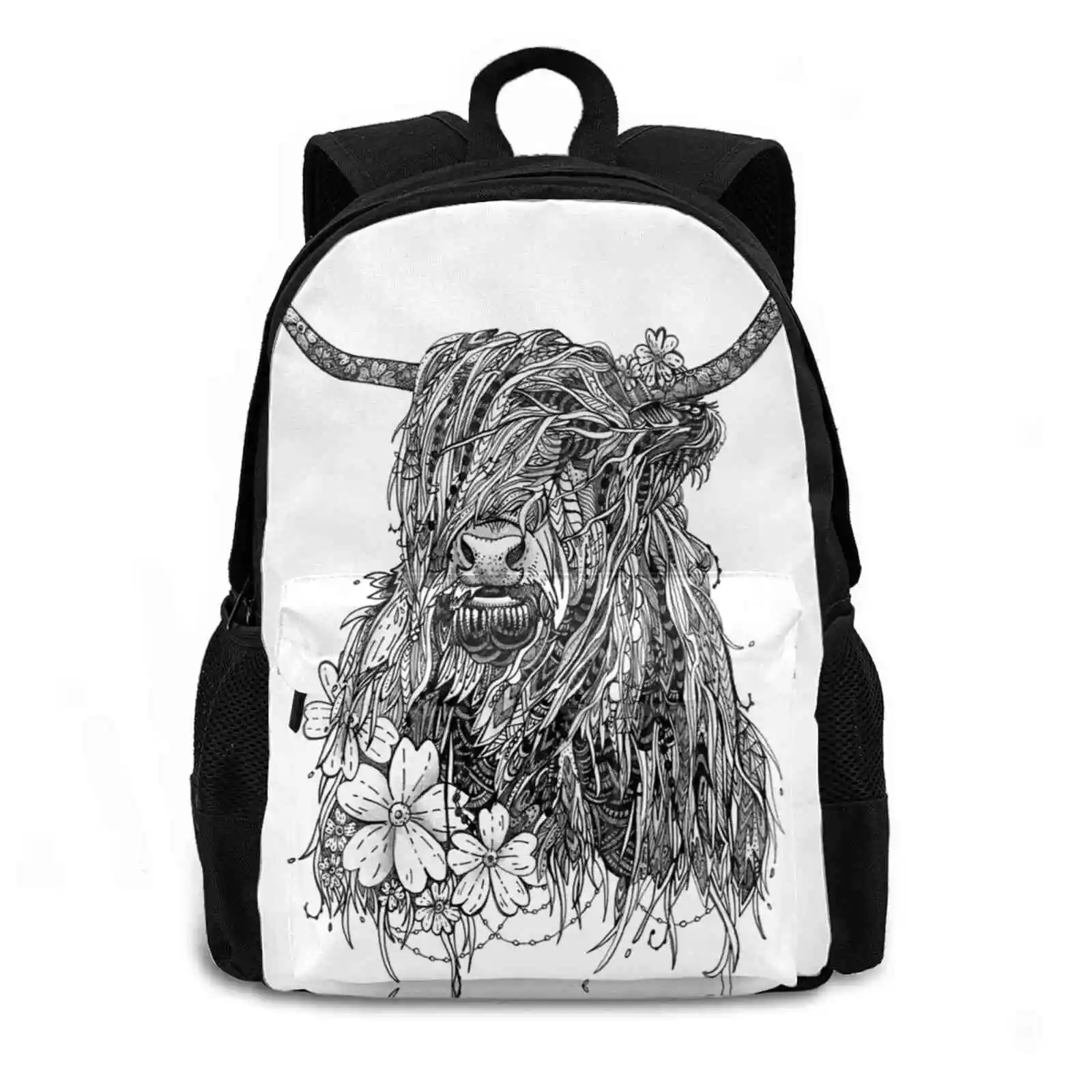 Bag Backpack For Men Women Girls Teenage Black Highland Cow Cow Zentangle Zentangle Art Cow Zentangle Cow Art Mel Moon Art