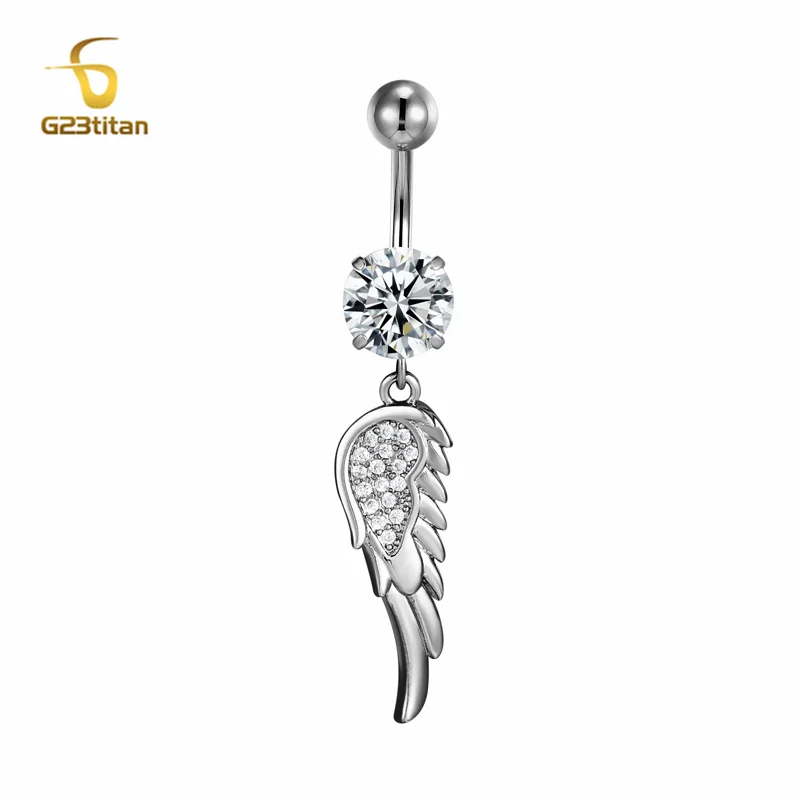 Silver Plated Zircon Wing Pendent Dangled Belly Navel Piercing Button Ring 14G Titanium Barbell Ombligo Woman Beach Body Jewelry