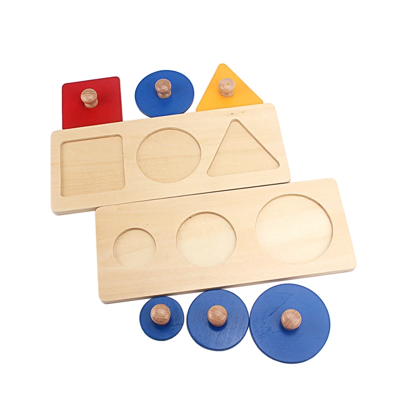 Montessori Wood Geometry Grasping Board Tri-colors Grab Shape Board Increasing Circle Toys for Children Preschool Learning Gift