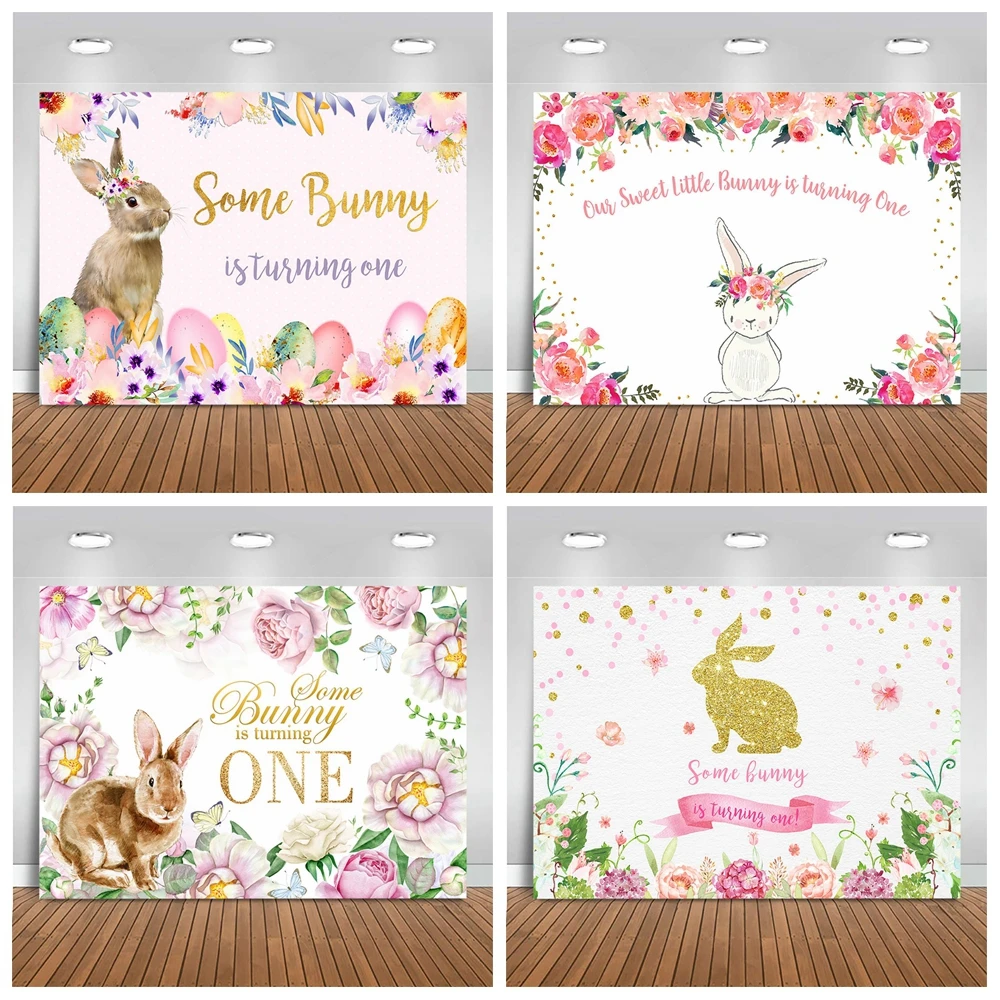 MOCSICKA Sweet Bunny is Turning One Backdrop for Photography Girl 1st Birthday Photo Background Banner Bunny Flower Photo Booth