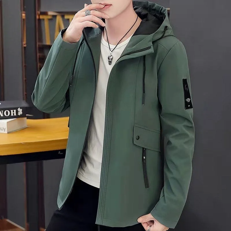 New Trench Coat Men\'s 2022 Solid Color Hooded Jacket Young and Middle-Aged Korean Version of Slim Jacket Casual Long Top Parkas