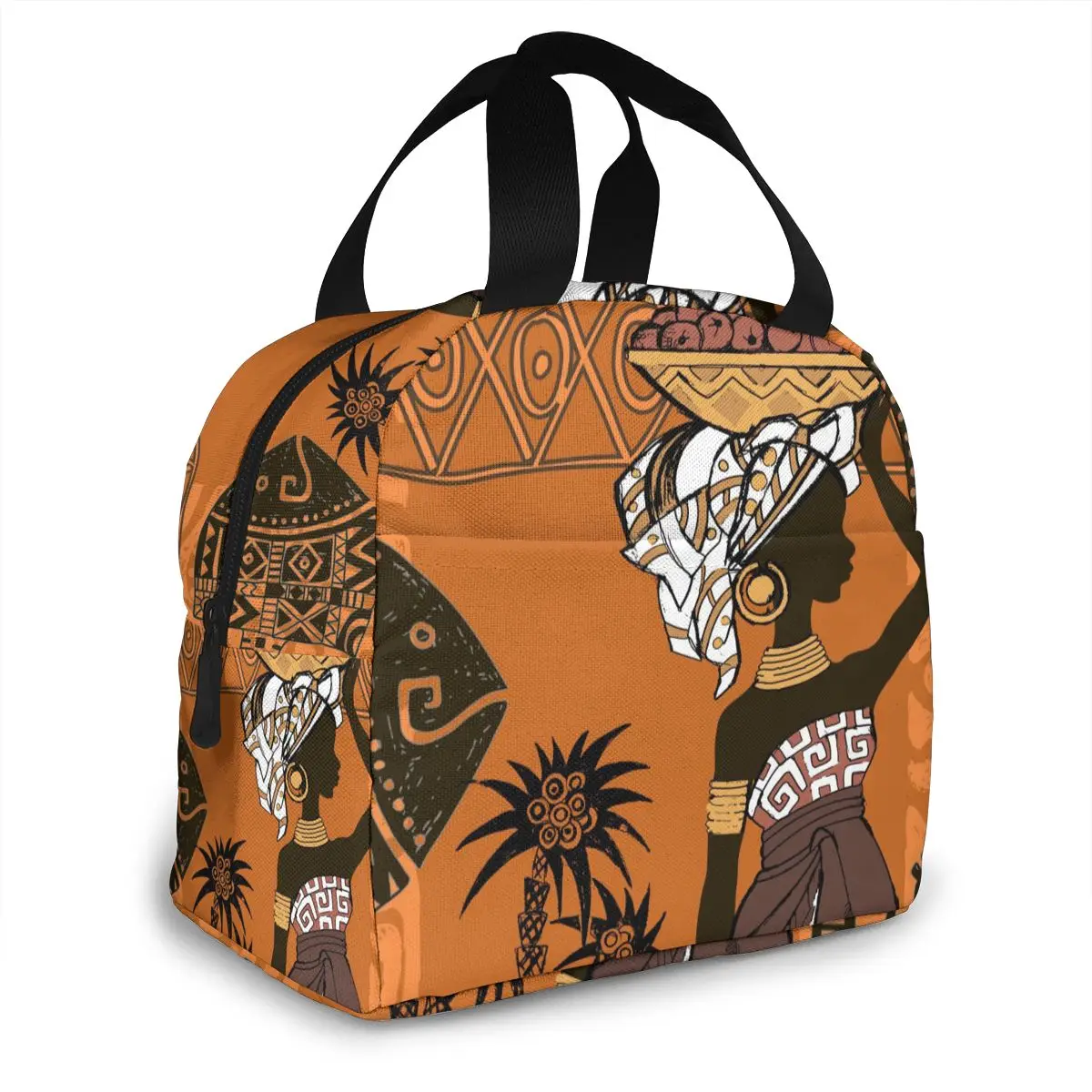 African Woman And Masks Lunch Food Box Bag Insulated Thermal Food Picnic Lunch Bag for Women kids Men Cooler Tote Bag