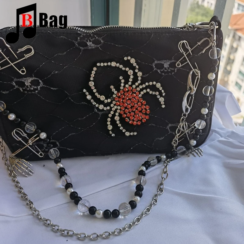 Dark Women shoulder bag Flash spider Skull Punk underarm bag Y2K Girl Messenger Bag female metal chain Handbag Satchel bag