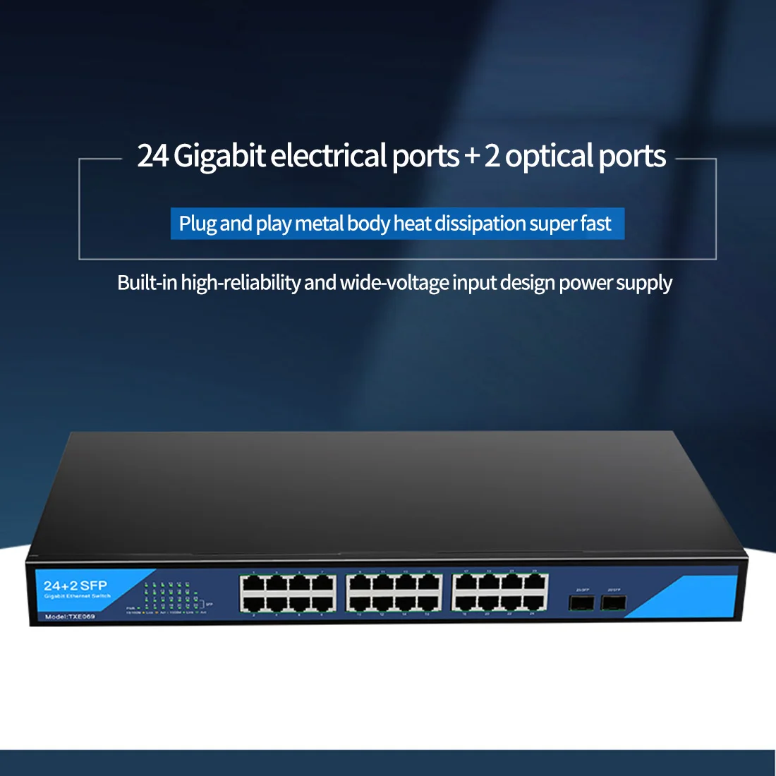 DIEWU 24xRJ45+2xSFP Port Gigabit Switch 10/100/1000Mbps Unmanaged Rack-mounted Network Monitoring Splitter Built-in Power Supply
