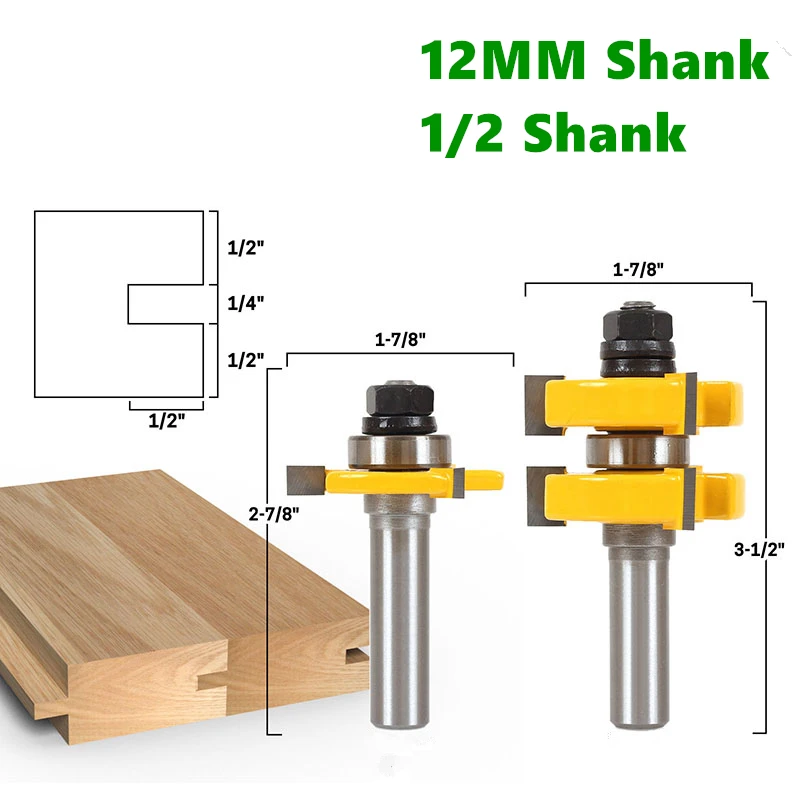 2pcs 12MM 1/2 Shank  Milling Cutter Tenon Cutter Floor Wood Bits T type Groove and Tongue Router Bit 3 Teeth  For Wood